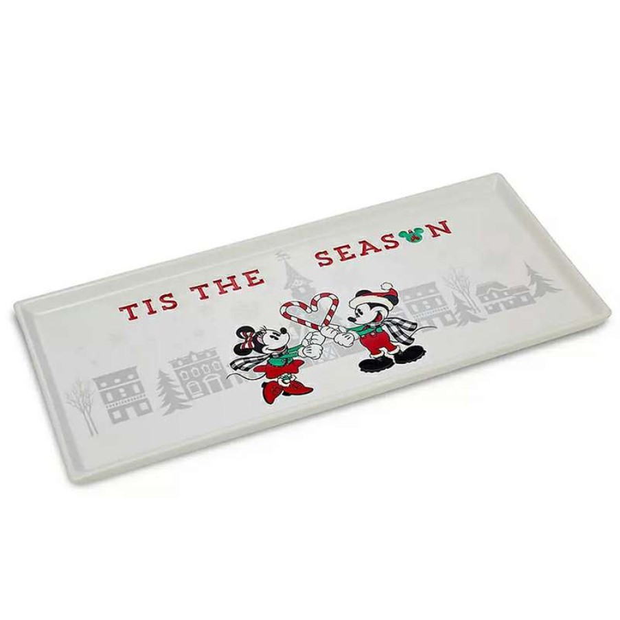 Home & Decor * | Disney Rectangular Platter Mickey & Minnie Mouse Holiday Yuletide Farmhouse Crazy Deals